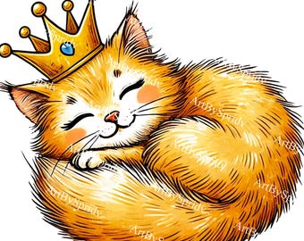 王冠をつけたかわいい眠っている猫 PNG、王室の子猫のクリップアート