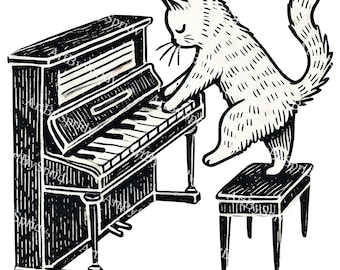 ピアノを弾く猫のデジタル PNG クリップアートをダウンロード