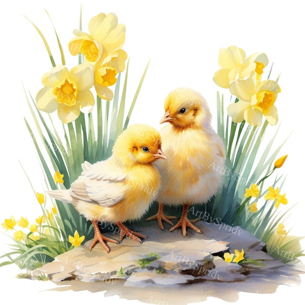 4-Pack Charming Spring Chickens and Daffodils Clipart | Printable Sublimation PNG Clip Art | Cute Easter DIY Graphics | Digital Download