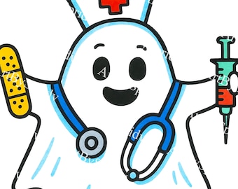Cute Nurse Ghost Transparent PNG Clipart-Halloween Medical Spirit with Stethoscope, Syringe, Bandage for Stickers, Shirts, Mugs&Sublimation