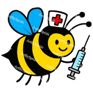 Nurse Bee PNG Clipart | Funny Bumblebee with Medical Hat and Syringe | Transparent Sublimation Design for Healthcare, Nurse Life,Vaccination