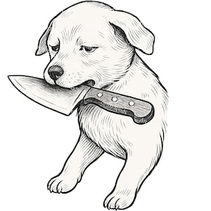 Sad Puppy Holding Knife PNG, Dark Humor Dog Clipart with Transparent Edgy Meme Design for Sublimation, Stickers, Apparel & Digital Clip Art