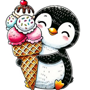 Adorable Penguin with Ice Cream Clipart | Cute Dessert Illustration | Transparent PNG for DIY Crafts, Stickers, DTG T-Shirt, Mug, Gift Idea