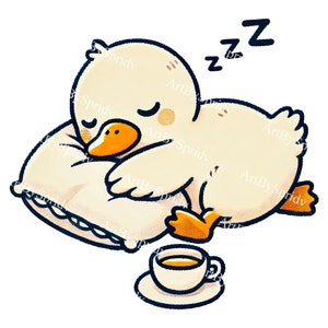 Könnte beinhalten: Eine Cartoon-Illustration eines gelben Entenküken, das auf einem weißen Kissen schläft, mit einer Tasse Tee auf einer Untertasse darunter. Das Küken hat die Augen geschlossen und schnarcht. Der Text "z z z" befindet sich über dem Küken.