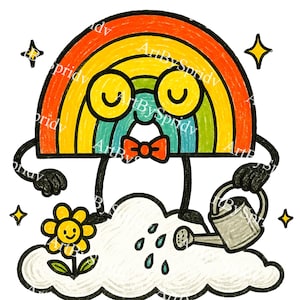 Cute Rainbow Watering Cloud Clipart PNG, Kawaii Rainbow with Glasses Digital Download, Spring Kids Art, Nursery Decor,Flower Tee Sublimation