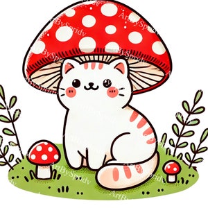 Kawaii Cat Under Mushroom Cap PNG Clipart, Digital Download Cottagecore Aesthetic Transparent Clip Art for DIY Crafts & Stickers,Tee,Mug,DIY