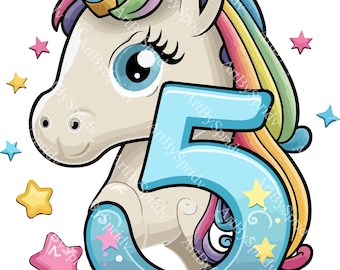 Magical Unicorn 5th Birthday PNG Clipart, Rainbow Number Five Birthday Party Design, Digital Download for Kids, T-Shirt, Mug, DIY Craft