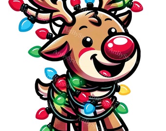 Reindeer Christmas Lights Clipart PNG - Playful Reindeer with Red Nose & Colorful Lights for T-Shirt, Mug, Tumbler, Scrapbooking Sublimation