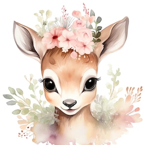 Aquarel fawn met bloemkroon - transparant 4 PNG clipart-afdrukbaar T-shirt, mok, beker sublimatie babyshower clip art commercieel