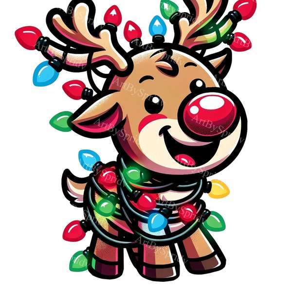 Reindeer Christmas Lights Clipart PNG - Playful Reindeer with Red Nose & Colorful Lights for T-Shirt, Mug, Tumbler, Scrapbooking Sublimation