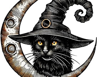 Gato negro con sombrero de bruja y luna creciente PNG Clipart, místico clip art de Halloween, decoración de fiesta gótica de brujas para manualidades espeluznantes de bricolaje, camiseta DTG