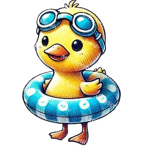 Duckling with Swimming Goggles & Pool Float PNG Clipart, Cute Cartoon Summer Animal Clip Art for DIY Crafts, Kids Nursery Decor, T-Shirt,Mug