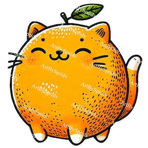 May include: A cartoon orange with a cute cat face and a green leaf on top. The orange is segmented and has a textured surface.