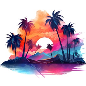 Abstrakcyjny zachód słońca Palmy Plaża Przezroczysty PNG Clipart do sublimacji - Tropikalny Clip Art Print, Letnia ilustracja dekoracyjna, Komercyjny