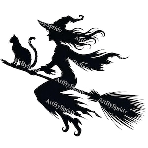 Halloween Witch on Broomstick with Black Cat Silhouette PNG Clipart, Spooky Transparent Clip Art for DIY Crafts & Decor, T-Shirt,Mug,Tumbler