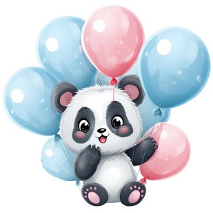 Panda Clipart con globos / Arte digital de animales lindos / Descargar PNG / Decoración de fiesta de cumpleaños / Gráficos de sublimación imprimibles / Manualidades de bricolaje