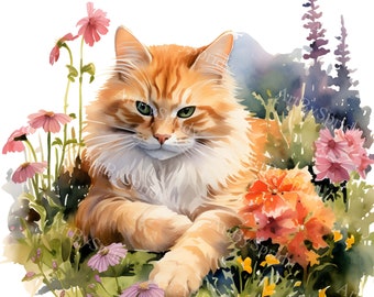 Whimsical Cat Clipart PNG - Ginger Cat descansando entre flores de jardín campestre - Arte digital floral para scrapbooking, invitaciones, manualidades DIY