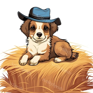 Dog in Cowboy Hat on Haystack PNG Clipart, Cute Farm Animal Digital Clip Art for Western Themed Invitations, Stickers, DIY Craft Projects