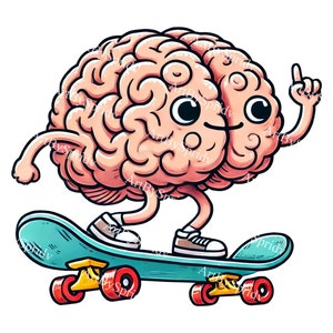 Fun Brain on Skateboard PNG Clipart, Quirky Digital Clip Art for Creative Projects, Cute Brain Cartoon, Educational Clip Art, Sublimation