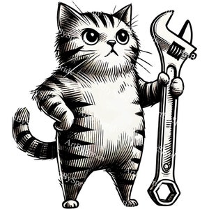 Handyman Cat Holding a Wrench PNG Clipart, Cute Engineering Kitten Illustration, Cartoon DIY Kitten Mechanic for DIY Craft, T-Shirt, Mug