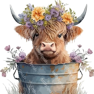 Funny Floral Highland Cow PNG Clipart Printable Clip Art - Etsy