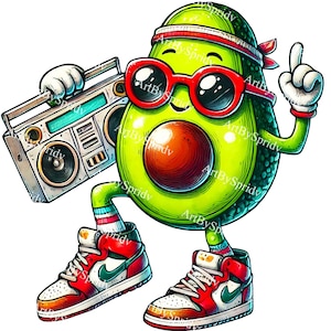 Coole avocado cartoon png, funky retro avocado met boombox, hiphop avocado clipart, leuk eten illustraties voor doe-het-zelf & DTG T-shirt, mok wordt afgedrukt