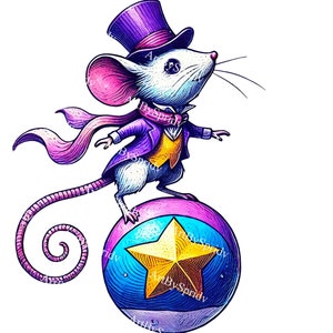 Charming Circus Mouse on Star Ball PNG Clipart–Hand-Drawn Cartoon Character Clip Art for DIY Crafts,Digital Designs,Invitations,DTG T-Shirt