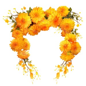 Puede incluir: Una corona de flores de color naranja brillante con hojas y tallos verdes. Las flores están dispuestas en círculo, creando un marco para un espacio en blanco en el centro.