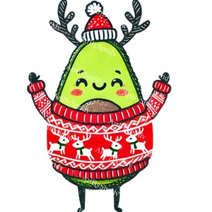 Festliche Weihnachts Avocado PNG Clipart, Urlaub Rentier Geweih Avocado im Pullover, Kawaii Winter DIY Weihnachtskarten, digitale Kunst für Sublimation