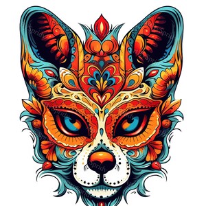 May include: A colorful, detailed illustration of a cat's face in the style of a sugar skull. The cat's eyes are blue and green, and the fur is a mix of orange, yellow, and blue.
