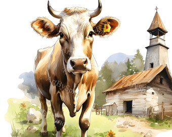 Rustikale Kuh mit Bauernhaus Szene PNG Clipart, Aquarell Bauernhof Clip Art, Landleben Milchkuh T-Shirt, Becher Sublimationsdekor Projekte