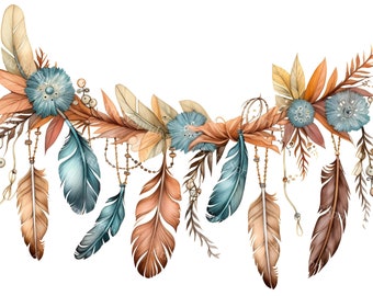 Boho-inspired String Of Feathers Garland Transparent PNG Clipart, Printable T-Shirt, Mug, Tumbler Sublimation, Commercial DIY Craft Clip Art