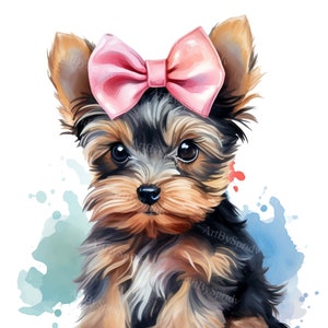 Cute Watercolor Yorkshire Terrier Puppy Dog Bow - Transparent 4 PNG Clipart - Printable T-Shirt, Mug,Tumbler Sublimation Clip Art,Commercial