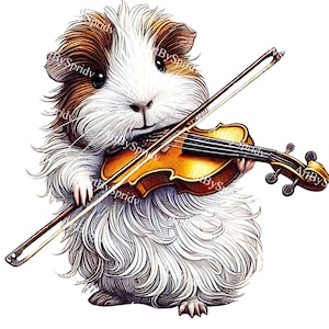Adorable conejillo de indias tocando el violín Clipart - Lindo clip art digital PNG transparente para álbumes de recortes, manualidades de bricolaje, pegatinas, imprimibles DTG Tee