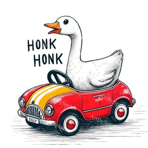 Whimsical Goose Driving Toy Car Clipart-Funny Goose PNG,Silly Animal Illustration,Cartoon Goose Art,Digital Download for Crafts&DIY Projects