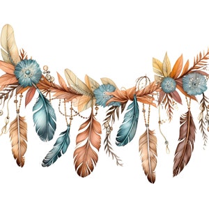 Boho-inspired String Of Feathers Garland Transparent PNG Clipart, Printable T-Shirt, Mug, Tumbler Sublimation, Commercial DIY Craft Clip Art image 1