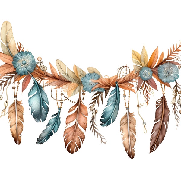 Boho-inspired String Of Feathers Garland Transparent PNG Clipart, Printable T-Shirt, Mug, Tumbler Sublimation, Commercial DIY Craft Clip Art