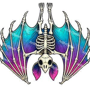 May include: A watercolor illustration of a bat skeleton with outstretched wings. The wings transition from teal to purple to pink. The bat's rib cage and skull are visible. The text "ArtBySpridy" is printed on the wings.