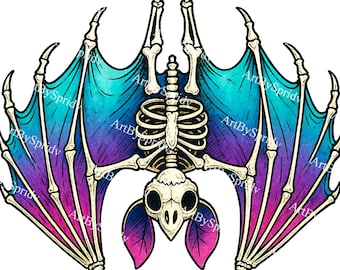 Neon Fledermaus Skelett Clipart transparente PNG | Pastell Goth Fledermaus mit Türkis-Lila Flügeln | Halloween Aufkleber Sublimation, Cricut, Spooky Decor Art