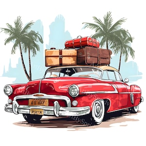 Vintage Red Car with Suitcases PNG Clipart, Retro Travel Adventure,Nostalgic Summer Road Trip Clip Art for DIY Craft,Scrapbooking,Invitation