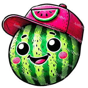 Watermelon Cartoon Character Clipart PNG, Cute Fruit Digital Clip Art with Cap, Illustration for Kids, Nursery, Stickers, Sublimation, DIY
