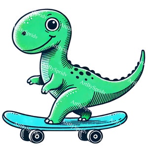 Skateboarding Dinosaur Transparent PNG Clipart, Cute Green T-Rex Dino Illustration for Kids&#39;, T-Shirt, Mug Sublimation & DIY Craft Projects