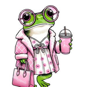 Puede incluir: Una rana verde con gafas rosas, un abrigo rosa y un vestido blanco con flores rosas. La rana lleva una bolsa de la compra rosa y una taza rosa con una pajita.