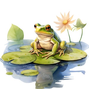 May include: A green frog with orange eyes sits on a green lily pad in a pond. A light pink water lily with a yellow center is in the background.