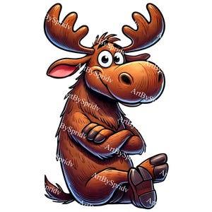 Cartoon Moose PNG, Cute Sitting Moose Clipart, Whimsical Forest Animal Digital Art, Playful Wildlife Sublimation Design, Rustic Lodge Decor
