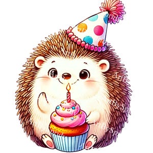 Anniversaire hérisson PNG Clipart avec petit gâteau et chapeau de fête, animaux kawaii à imprimer pour les enfants cartes d'anniversaire, autocollants, sublimation et décoration