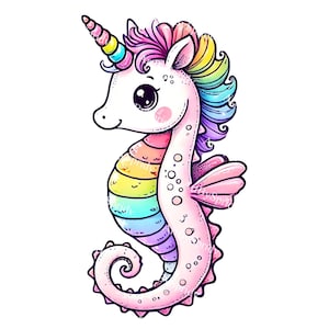 Imágenes prediseñadas de unicornio caballito de mar arcoíris, PNG de caballito de mar kawaii, linda ilustración de caballito de mar unicornio pastel, clip art de criatura mágica transparente