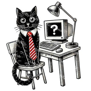 Quirky Black Cat Wearing a Red Striped Tie PNG Clipart, Office Desk with Vintage Computer Illustration,Digital Art for Kitten Lover Gift,DIY