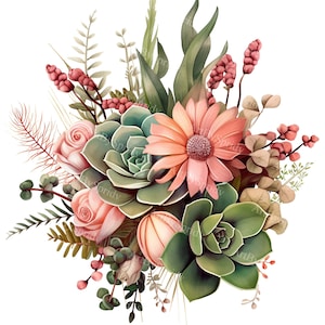 Boeket vetplanten en wilde bloemen Boho bloemenstijl transparante PNG-clipart, afdrukbaar T-shirt, mok, sublimatie beker, commerciële illustraties