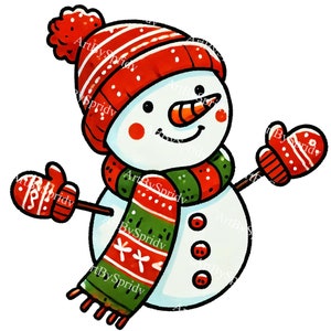 赤い帽子、スカーフ、ミトンをつけたかわいいクリスマス雪だるまの PNG クリップアート、冬の休日のデジタル ダウンロード、DIY クラフト用のクリスマスのフロスティ スノーマン クリップアート